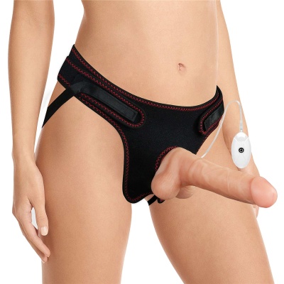 Zestaw Strap-On z wibracyjnym dildo 7,5 cala (19 cm) – czarny z czerwonymi wstawkami - 1 2