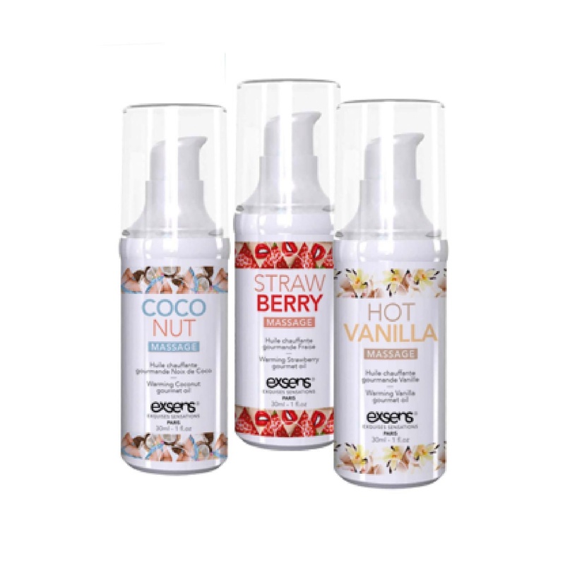 Żel do masażu ocieplający Exsens Let's Travel! Truskawka, Hot Vanilla, Kokos 3 x 30 ml - 3