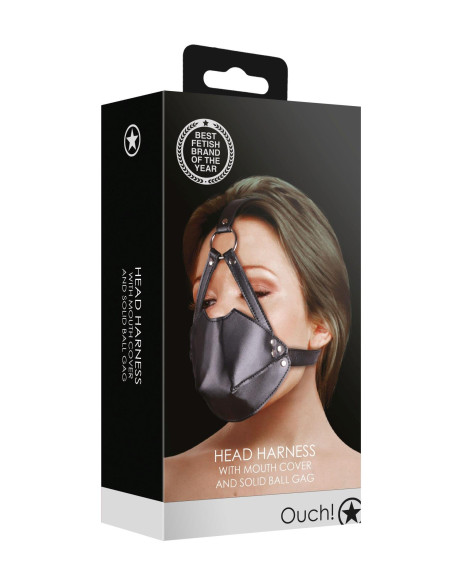 Head Harness with Mouth Cover and Breathable Ball Gag - Black