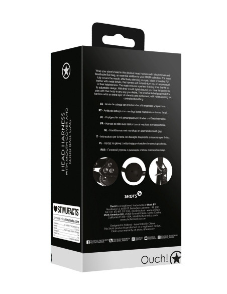 Head Harness with Mouth Cover and Breathable Ball Gag - Black