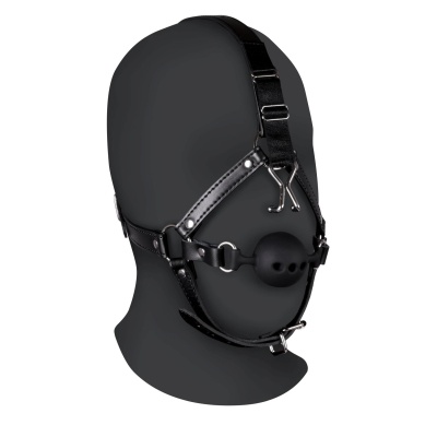 Head Harness with Breathable Ball Gag and Nose Hooks - Black - 1