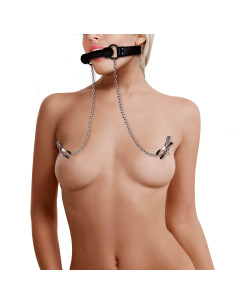Silicone Bit Gag with Nipple Clamps - Black