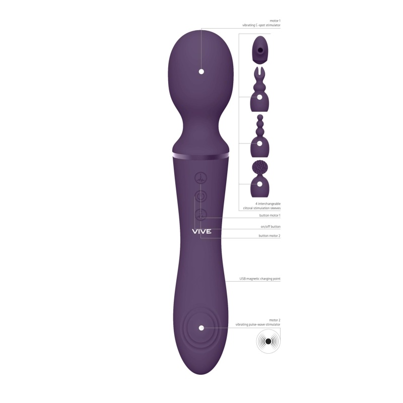 Wibrator dwustronny Nami Purple z 2 silnikami F1 i 4 przystawkami, długość 21,8 cm, średnica 3,3 cm - 4