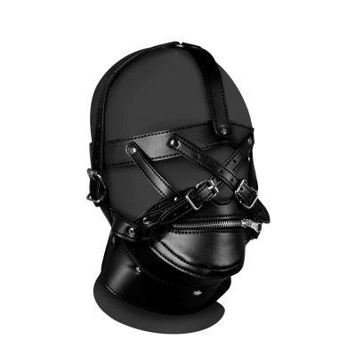 Head Harness with Zip-up Mouth and Lock - Black - 1