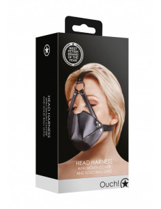 Head Harness with Mouth Cover and Solid Ball Gag - Black 2