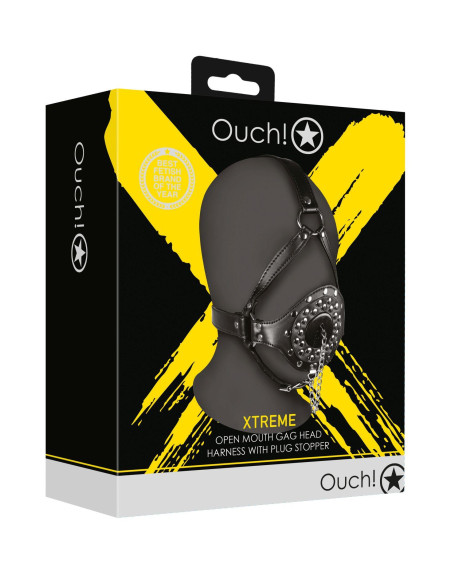 Open Mouth Gag Head Harness with Plug Stopper - Black