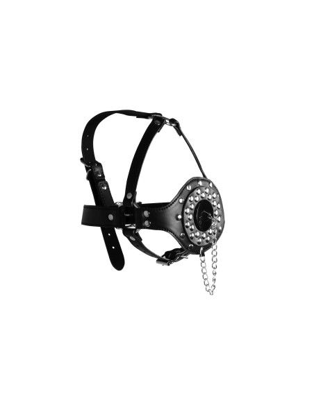 Open Mouth Gag Head Harness with Plug Stopper - Black