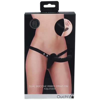 Dual Silicone Ribbed Strap-On - podwójny, silikonowy, regulowany, czarny, 15,5 cm - 1 2