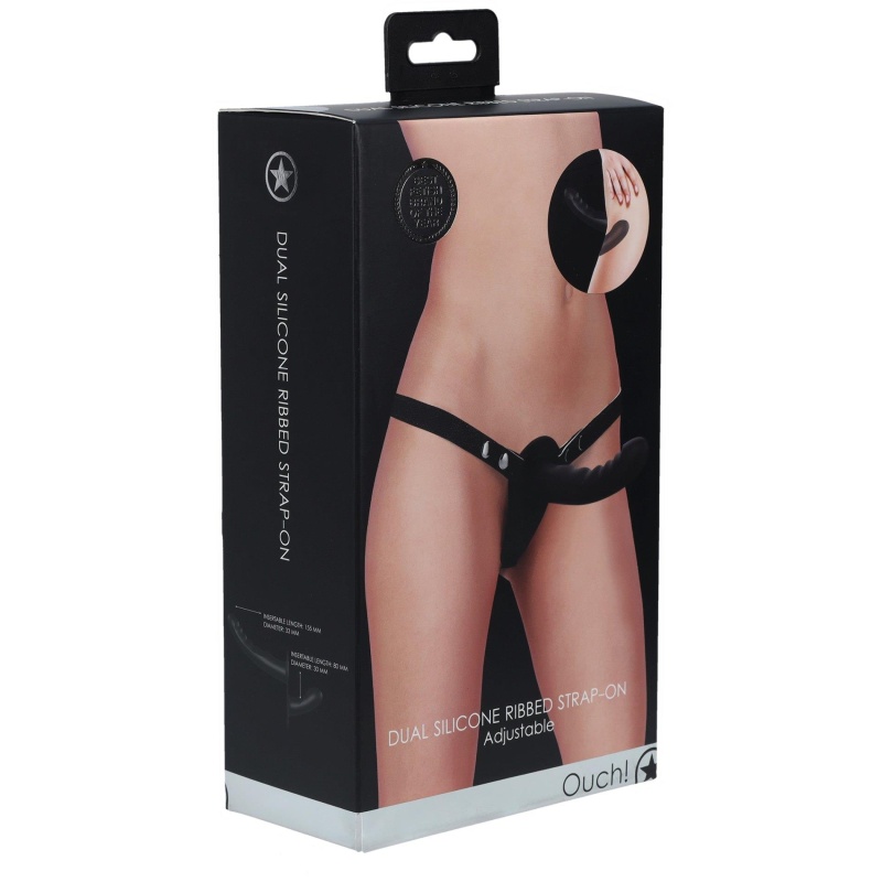 Dual Silicone Ribbed Strap-On - podwójny, silikonowy, regulowany, czarny, 15,5 cm - 3