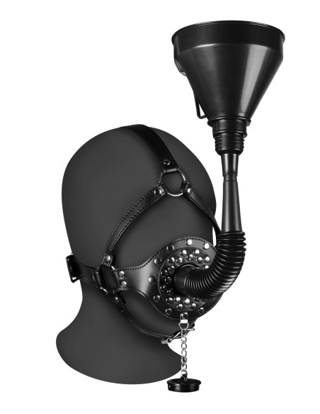 Open Mouth Gag Head Harness with Funnel - Black