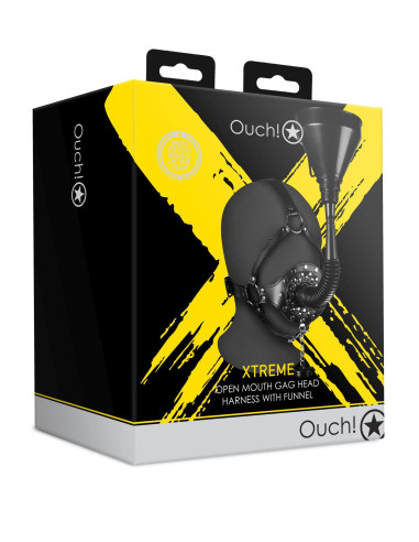 Open Mouth Gag Head Harness with Funnel - Black