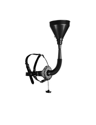 Open Mouth Gag Head Harness with Funnel - Black