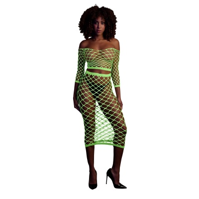 Long Sleeve Crop Top and Long Skirt - Green - 1