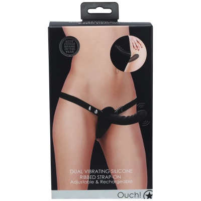 Ouch! - Dual Vibrating - Rechargeable - 10 Speed Silicone Ribbed Strap-On - Adjustable - Black - 1