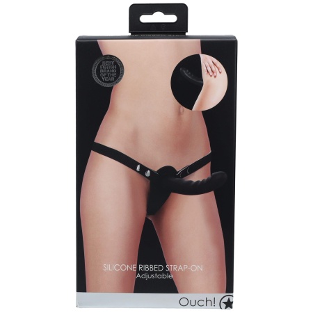 Strap-on Silicone Ribbed - regulowana uprząż z trzypunktowym mocowaniem, dildo 15,5 cm, śr. 3,3 cm - 1