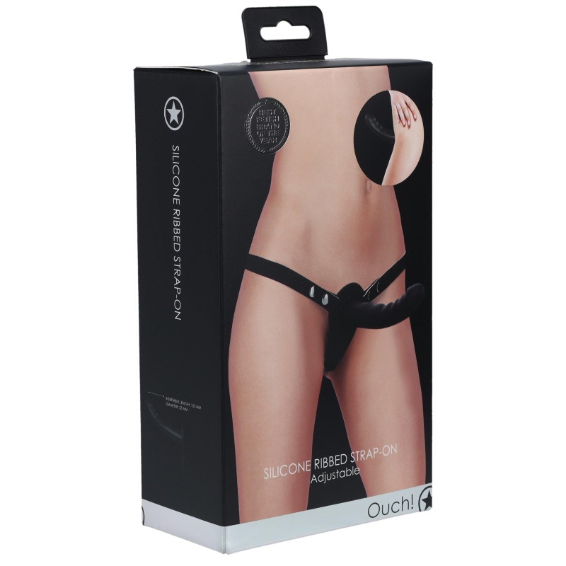 Strap-on Silicone Ribbed - regulowana uprząż z trzypunktowym mocowaniem, dildo 15,5 cm, śr. 3,3 cm - 3