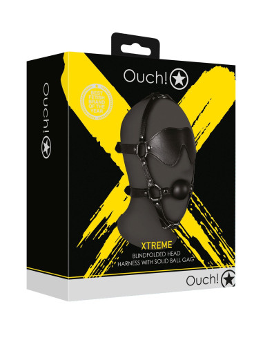 Blindfolded Head Harness with Solid Ball Gag - Black