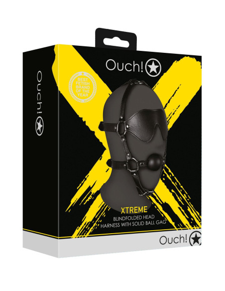 Blindfolded Head Harness with Solid Ball Gag - Black