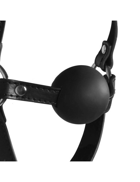 Blindfolded Head Harness with Solid Ball Gag - Black