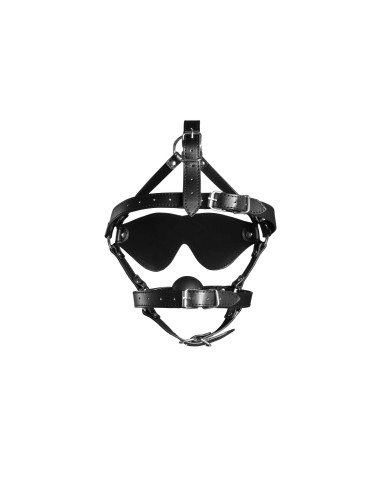 Blindfolded Head Harness with Solid Ball Gag - Black