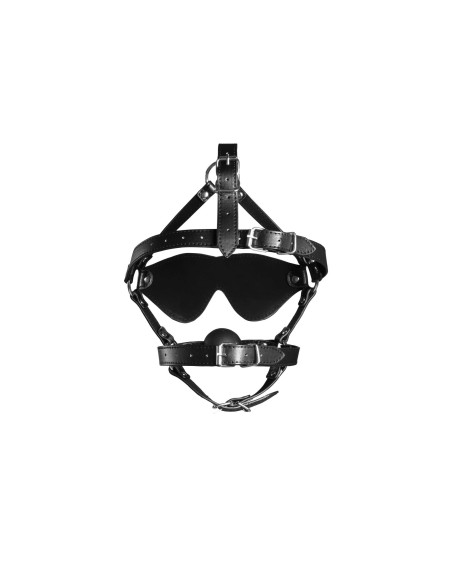 Blindfolded Head Harness with Solid Ball Gag - Black