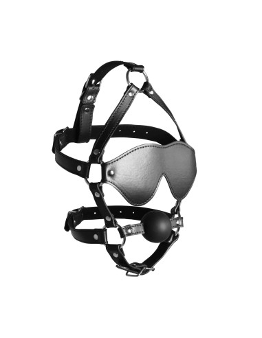 Blindfolded Head Harness with Solid Ball Gag - Black