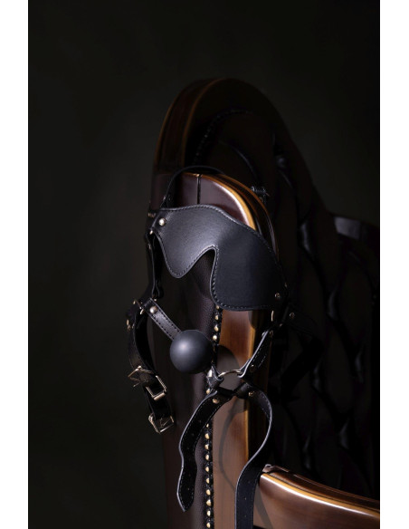 Blindfolded Head Harness with Solid Ball Gag - Black