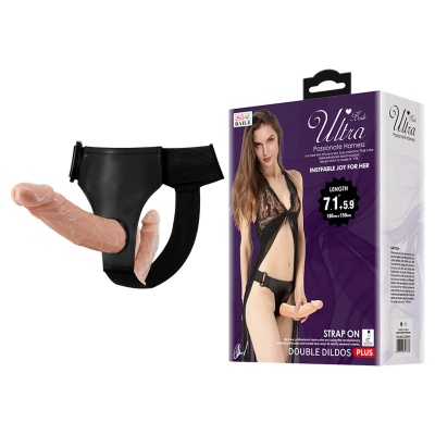 Strap-on z podwójnym dildo - dwa trzony 18 cm i 15 cm, regulowana uprząż, krzywizna ukierunkowana na stymulację punktu G - 1