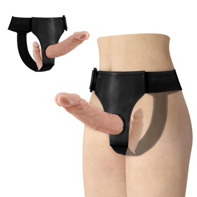 Strap-on z podwójnym dildo - dwa trzony 18 cm i 15 cm, regulowana uprząż, krzywizna ukierunkowana na stymulację punktu G - 1 2