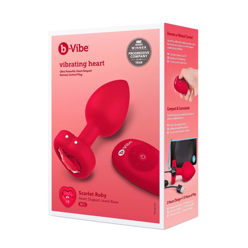 Korek analny wibracyjny VIBRATING HEART SHAPE JEWEL PLUG M/L Red - 6 poziomów wibracji, 15 wzorców, średnica 4 cm, długość inser - 1