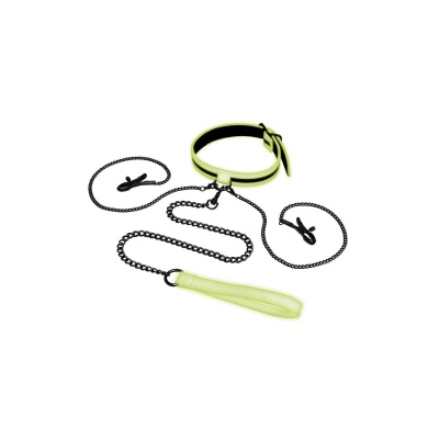 WHIPSMART GLOW IN THE DARK COLLAR WITH NIPPLE CLIPS AND LEASH - 1 2