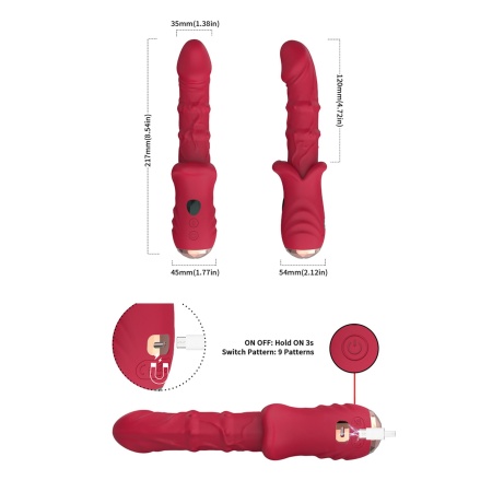 Wibrator Dick Red 9 z 9 trybami wibracji i mechanizmem ruchów posuwistych, długość 21,7 cm - 11