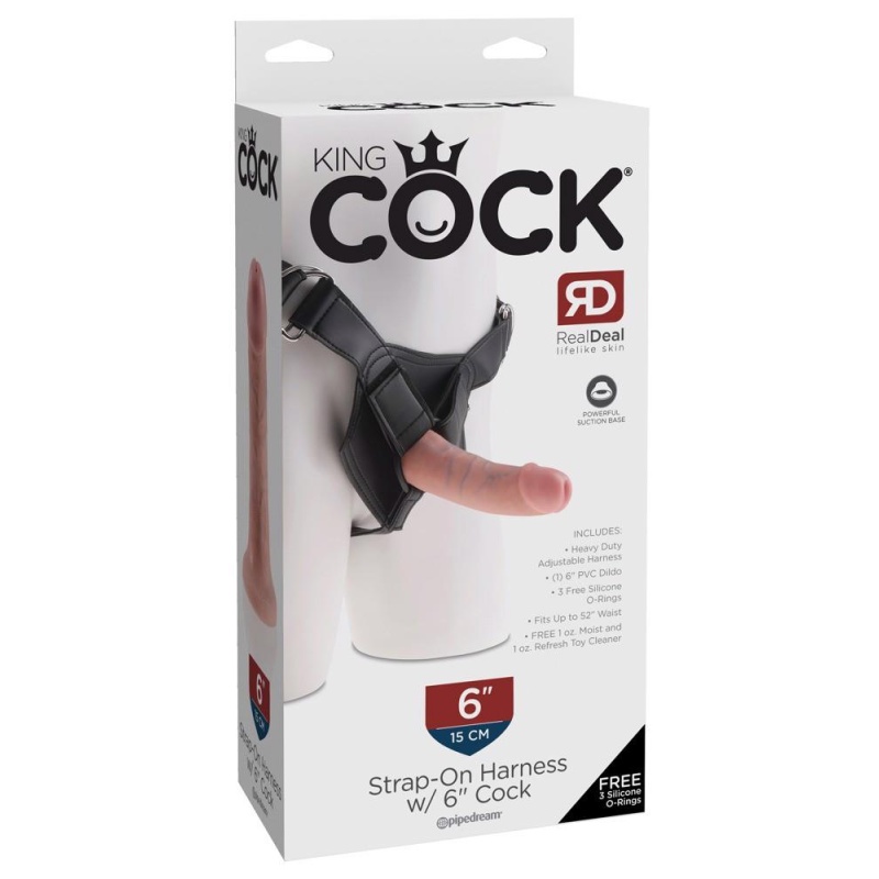 Strap-On 6 inch – realistyczny dildo z regulowaną uprzężą i 3 pierścieniami, 15,2 cm - 1