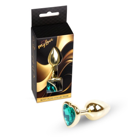 Biżuteria analna Gold Heart Plug - stal nierdzewna, zielony kamień szklany w kształcie serca, długość 7 cm, średnica 2,7 cm - 6