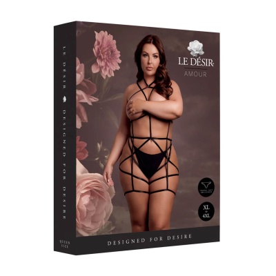 Strappy Open Cup Body Harness with Garters - Plus Size - Black - 1