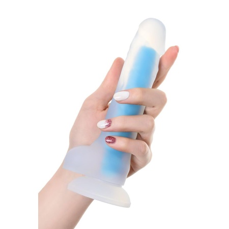 Dildo Matt Glow Blue - dwuwarstwowy silikon płynny, świecenie w ciemności, długość całkowita 13 cm - 5