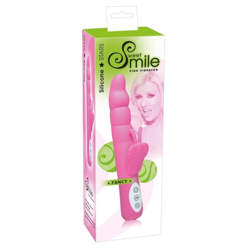 Wibrator xSmile Fancy Pink - obrotowy trzon z falistym profilem i stymulatorem łechtaczki w kształcie motyla, 24 cm - 1
