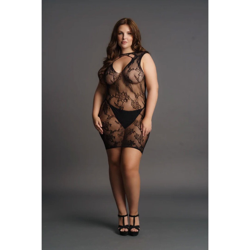 High Neck Lace Mini Dress - Plus Size - 5