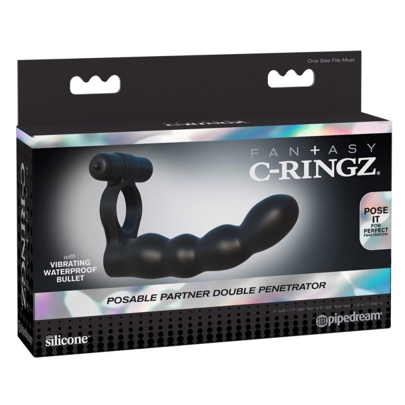 Pierścień penisa z dildo analnym Posable Partner Double Pen – wodoodporny wibrobullet, dildo 12,7 cm, pierścień Ø 3 cm - 1