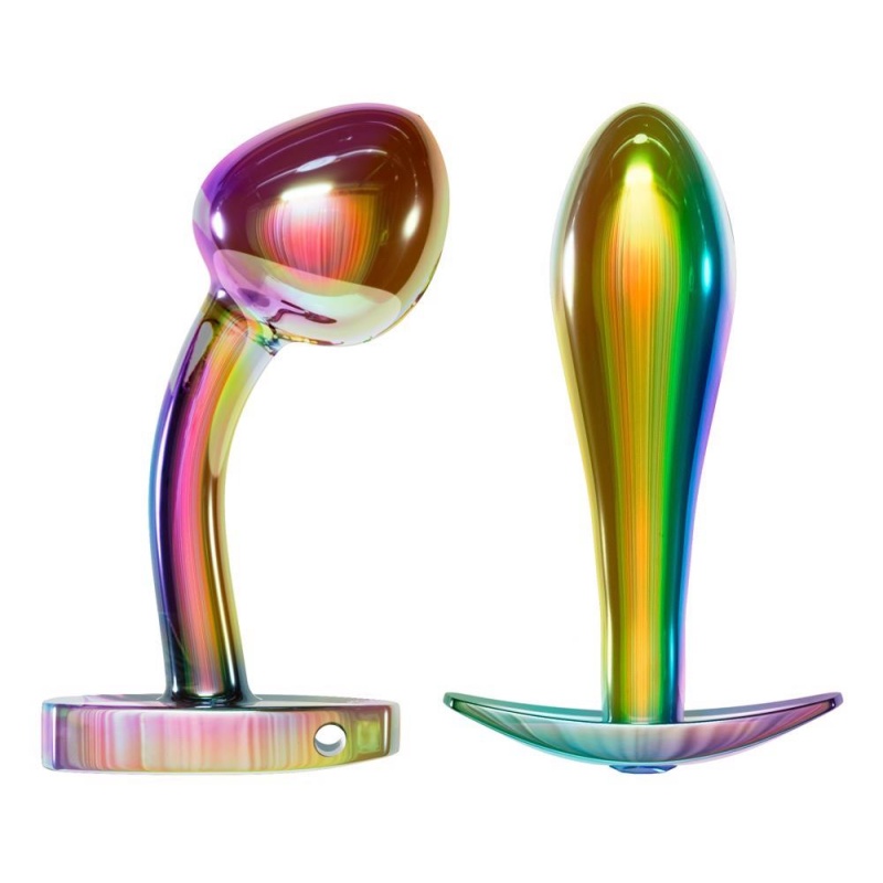 Zestaw zatyczek analnych Rainbow – 2 metalowe korki z tęczowym wykończeniem, dł. wkładania 8,2 cm i 7,6 cm, szeroka podstawa - 2