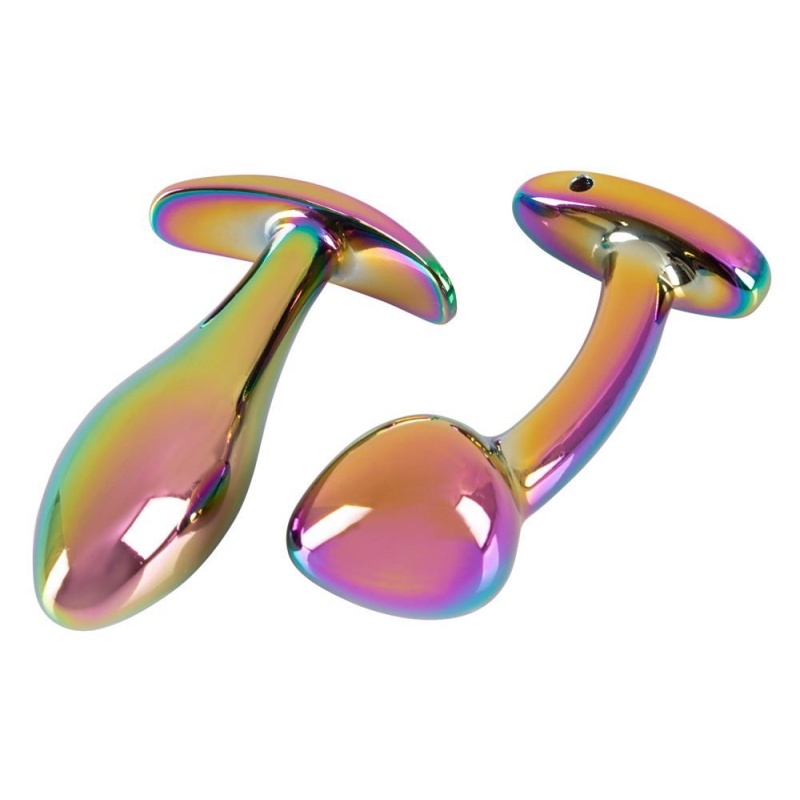 Zestaw zatyczek analnych Rainbow – 2 metalowe korki z tęczowym wykończeniem, dł. wkładania 8,2 cm i 7,6 cm, szeroka podstawa - 4