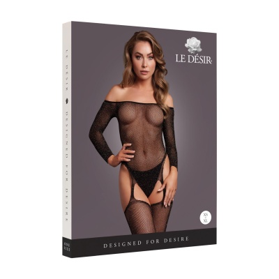 Shimmering Off the Shoulder Bodystocking - One Size - Black/Gold Glitter - 1 2