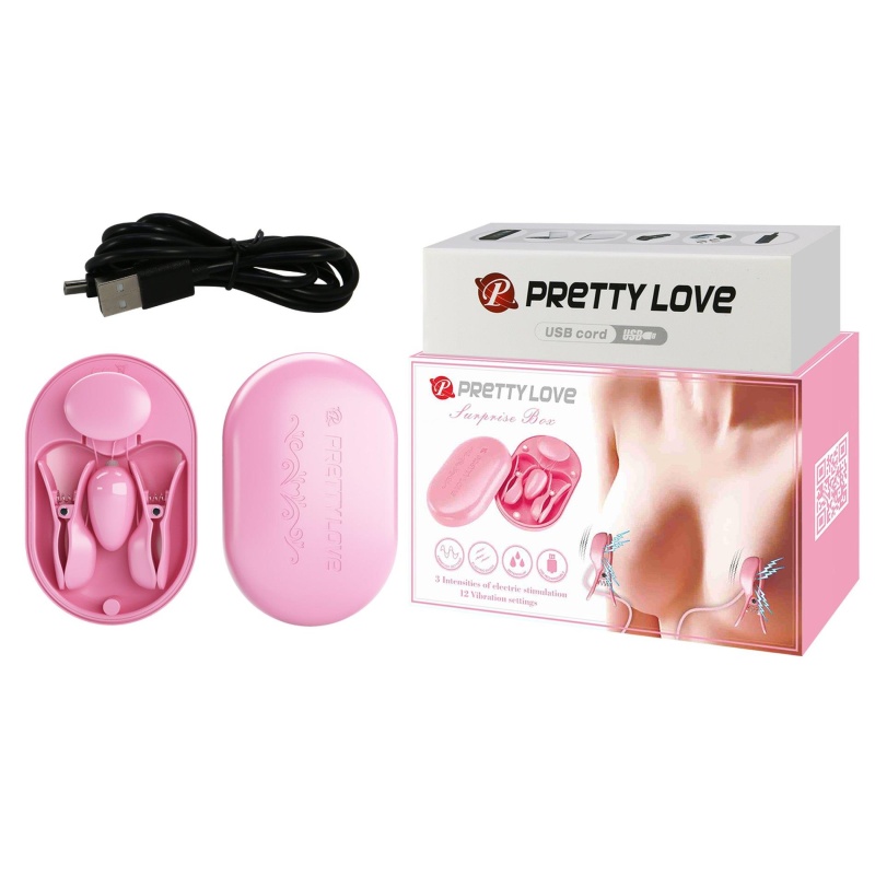 Zaciski na sutki Surprise Box Pink z elektrostymulacją i wibracjami - 11,5 cm - 1