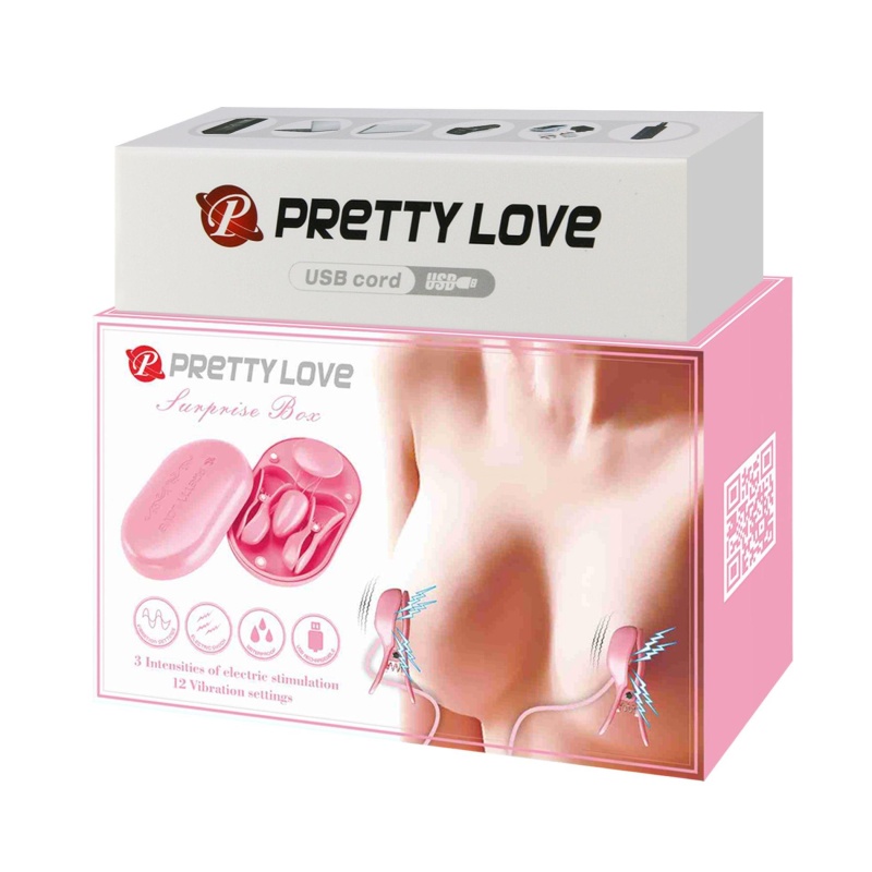 Zaciski na sutki Surprise Box Pink z elektrostymulacją i wibracjami - 11,5 cm - 12