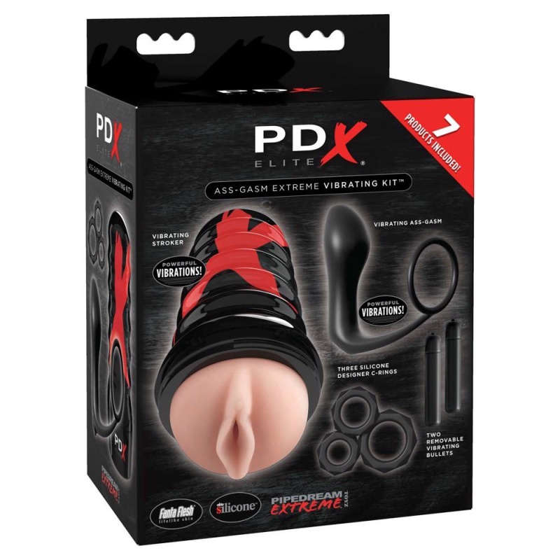 Zestaw stymulacyjny PDX Elite Ass-gasm Vibrating K – 7 elementów, 2 wibrobulety, masturbator 18,6 cm, korek analny 8,1 cm - 1