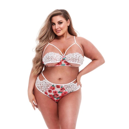 WHITE FLORAL & LACE BRA SET, XL - 1