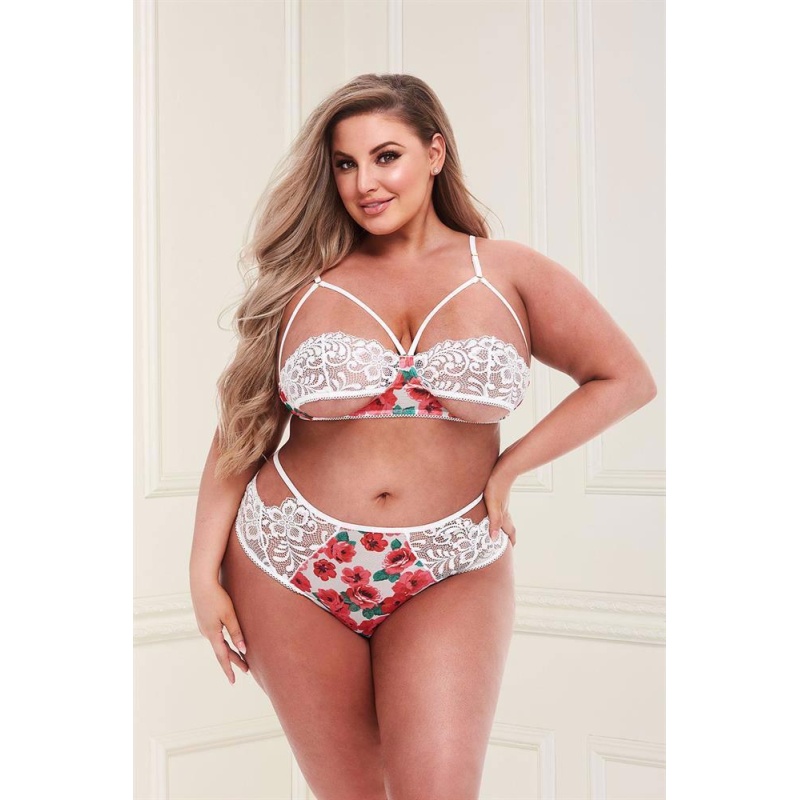 WHITE FLORAL & LACE BRA SET, XL - 2