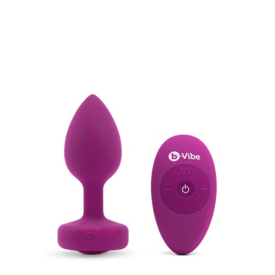 b-Vibe Vibrating Jewel Plug S/M Fuchsia - bezszwowy silikon medyczny, wibracje i pilot zdalny, długość wprowadzalna 7,6 cm - 1 2
