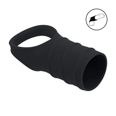 Silicone Cockring and Ribbed Sleeve - Black - 1 2
