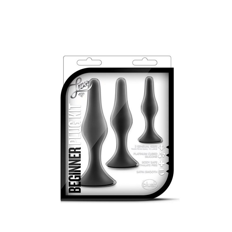 Zestaw korków analnych Beginner Plug Kit, czarny - 3 stopniowane rozmiary, silikon platynowy, szeroka podstawa stabilizująca, 8, - 1
